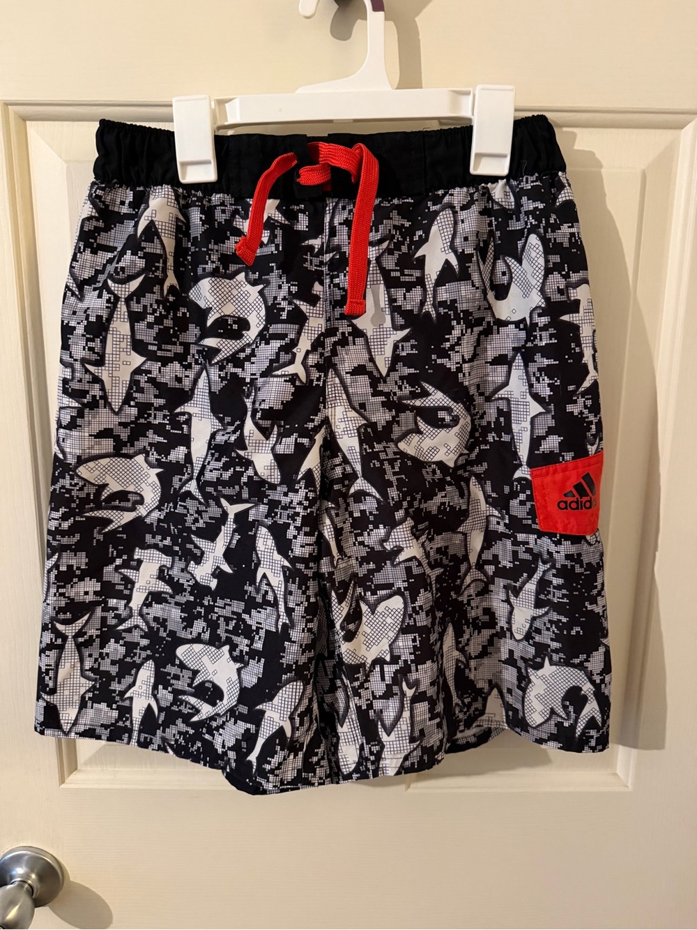 adidas Black & White Shark Camo Swim Shorts with Red Drawstring
